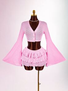 Amplova Women's Pink Bell Sleeve Single-Breasted Cropped Knit Cardigan - Pink - View 3