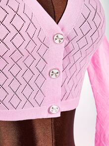 Amplova Women's Pink Bell Sleeve Single-Breasted Cropped Knit Cardigan - Pink - View 9