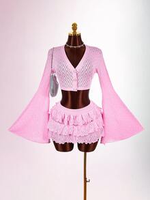 Amplova Women's Pink Bell Sleeve Single-Breasted Cropped Knit Cardigan - Pink - View 4