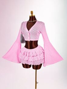 Amplova Women's Pink Bell Sleeve Single-Breasted Cropped Knit Cardigan - Pink - View 1