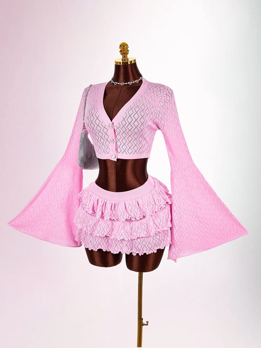 Amplova Women's Pink Bell Sleeve Single-Breasted Cropped Knit Cardigan - Pink - View 1