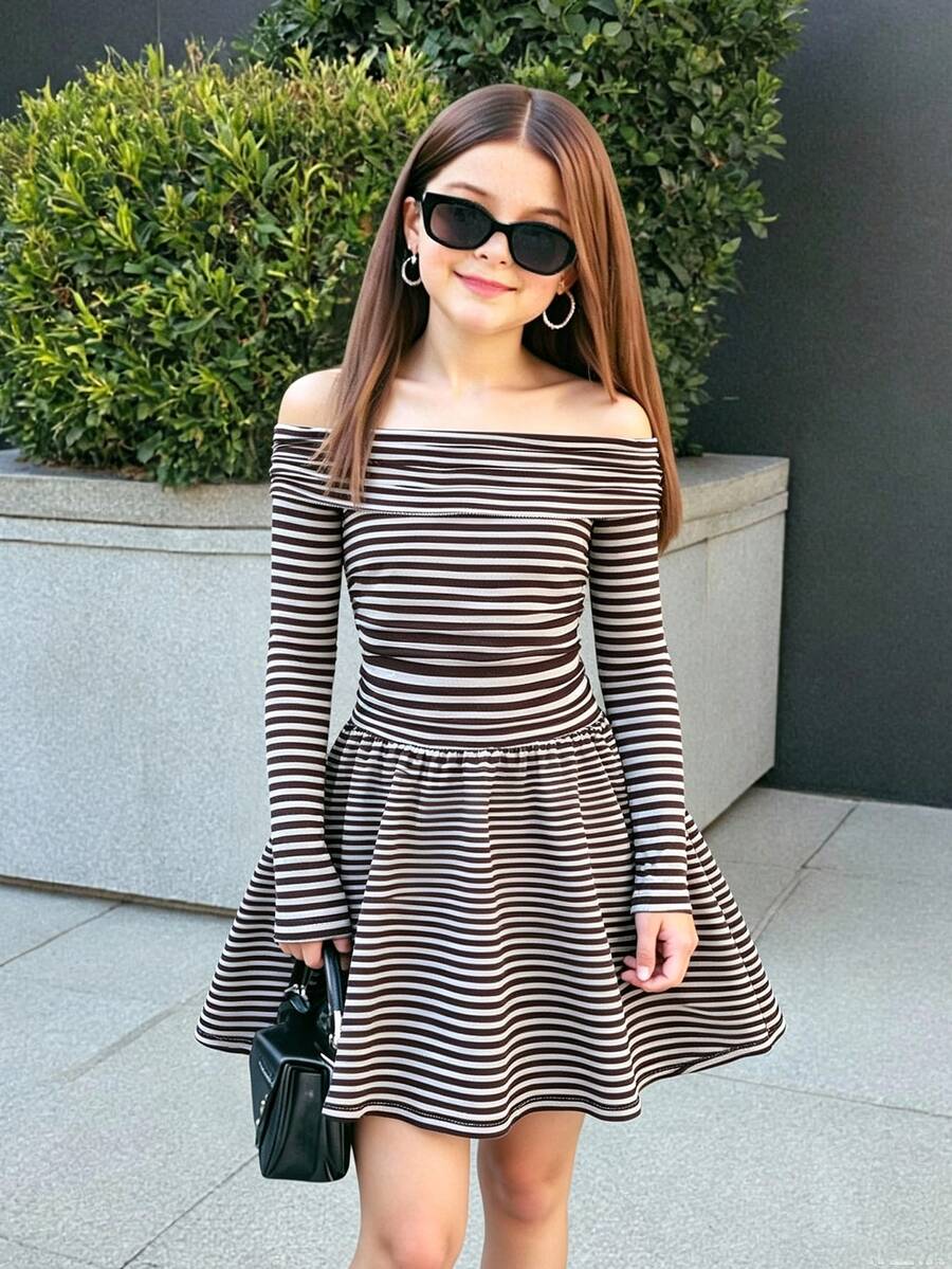 SHEIN Tween Girl Striped Long Sleeve Homecoming Dress Fall Dress Dresses For Girls - Brown - View 1