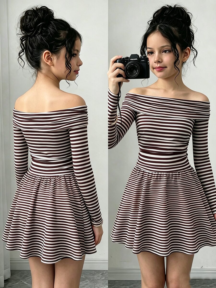 SHEIN 少女條紋長袖返校禮服 秋季女童洋裝 - 棕色 - 查看 1