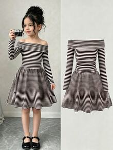 SHEIN 少女條紋長袖返校禮服 秋季女童洋裝 - 棕色 - 查看 3