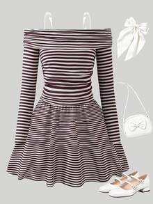 SHEIN 少女條紋長袖返校禮服 秋季女童洋裝 - 棕色 - 查看 2