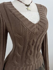 FavEase เสื้อสเวตเตอร์ถักลายเคเบิล - สีน้ำตาลกาแฟ - ดู 7