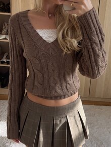 FavEase เสื้อสเวตเตอร์ถักลายเคเบิล - สีน้ำตาลกาแฟ - ดู 2