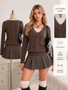 FavEase เสื้อสเวตเตอร์ถักลายเคเบิล - สีน้ำตาลกาแฟ - ดู 10