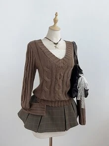 FavEase เสื้อสเวตเตอร์ถักลายเคเบิล - สีน้ำตาลกาแฟ - ดู 8