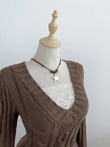FavEase เสื้อสเวตเตอร์ถักลายเคเบิล - สีน้ำตาลกาแฟ - ดู 5