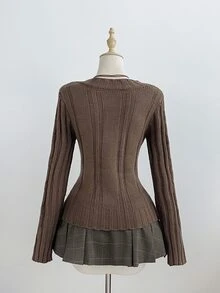 FavEase เสื้อสเวตเตอร์ถักลายเคเบิล - สีน้ำตาลกาแฟ - ดู 3