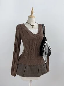 FavEase เสื้อสเวตเตอร์ถักลายเคเบิล - สีน้ำตาลกาแฟ - ดู 4