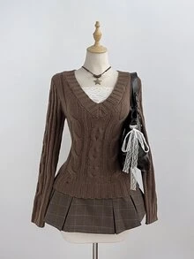 FavEase เสื้อสเวตเตอร์ถักลายเคเบิล - สีน้ำตาลกาแฟ - ดู 6