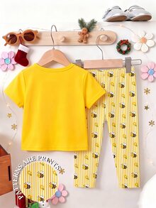 SHEIN Vintaside Kids 1套女童可愛休閒田園風卡通蜜蜂印花短袖T恤與蜜蜂條紋印花內搭褲套裝，適合夏季出遊 - 彩色 - 查看 2