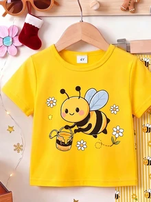 SHEIN Vintaside Kids 1套女童可愛休閒田園風卡通蜜蜂印花短袖T恤與蜜蜂條紋印花內搭褲套裝，適合夏季出遊 - 彩色 - 查看 4