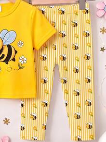 SHEIN Vintaside Kids 1套女童可愛休閒田園風卡通蜜蜂印花短袖T恤與蜜蜂條紋印花內搭褲套裝，適合夏季出遊 - 彩色 - 查看 5