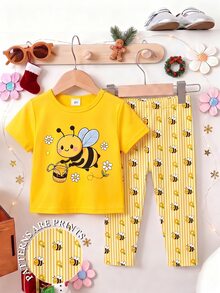 SHEIN Vintaside Kids 1套女童可愛休閒田園風卡通蜜蜂印花短袖T恤與蜜蜂條紋印花內搭褲套裝，適合夏季出遊 - 彩色 - 查看 3