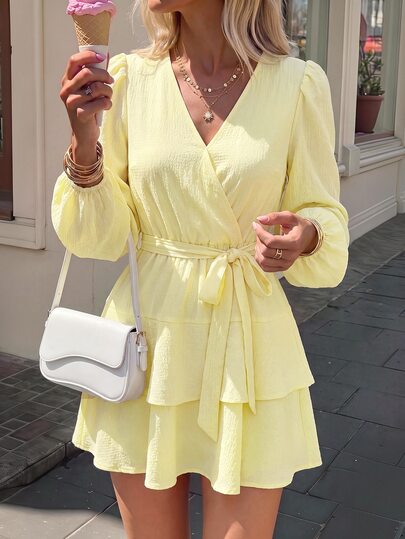 KARISMINA Women's Light Pale Yellow Deep V-Neck Bodycon Long Sleeve Elastic Cuff High Waist Tie Bow Layered Ruffle Hem Short Dress, French Sweet Vacation Style, Autumn/Winter, Daily Commute, Date, Party, Gathering, Gentle Elegant, Slimming, Lightweight, Flowy, Versatile, New Fashion