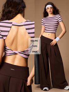 VARSIVA Women's Round Neck Striped Pattern Open Back Sports T-Shirt - Multicolor - View 10