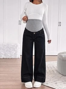 SHEIN 孕婦休閒百搭直筒牛仔褲 女款牛仔女郎穿搭 西部風格女裝 - 藍色 - 查看 5