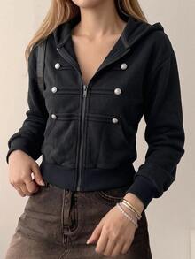 DAZY Sweatshirt Berkerudung Lengan Panjang Kancing Ganda Berlapisan Termal untuk Wanita (Musim Gugur) - Navy Blue - View 3