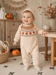 SHEIN 2pcs Newborn Girl Romper Beanie Set Cute Beige Orange Rabbit Fair Isle Rib Long Sleeve Round Neck Regular Photography Fall Winter Cozy Princess Snaps - Yellow - View 2