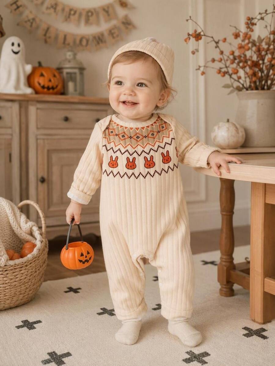 SHEIN 2pcs Newborn Girl Romper Beanie Set Cute Beige Orange Rabbit Fair Isle Rib Long Sleeve Round Neck Regular Photography Fall Winter Cozy Princess Snaps