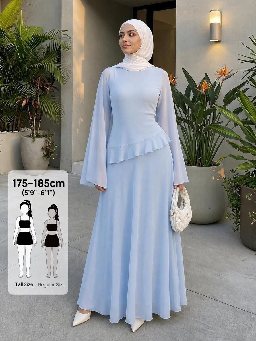SHEIN Tall 甜美優雅長洋裝,藍色荷葉邊喇叭袖,適合高挑穆斯林女性 - 藍色 - 查看 1