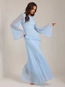 SHEIN Tall 甜美優雅長洋裝，藍色荷葉邊喇叭袖，適合高挑穆斯林女性 - 藍色 - 查看 7