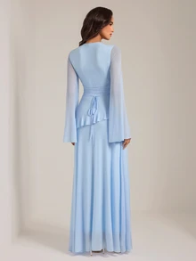 SHEIN Tall 甜美優雅長洋裝，藍色荷葉邊喇叭袖，適合高挑穆斯林女性 - 藍色 - 查看 2