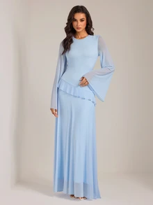 SHEIN Tall 甜美優雅長洋裝，藍色荷葉邊喇叭袖，適合高挑穆斯林女性 - 藍色 - 查看 6