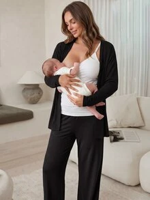 SHEIN Maternity Solid Color Nursing Camisole Top & Cardigan & Pants Casual Daily 2 Pieces Set - Multicolor - View 10