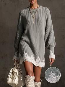 Omancia Guipure Lace Panel Drop Shoulder Sweater Dress - Grey - View 1