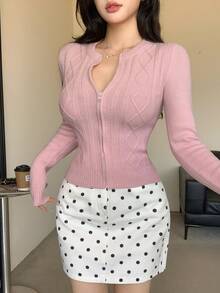 DAZY Women's Solid Color Zipper Casual Versatile Daily Wear Cardigan - Pink - View 6