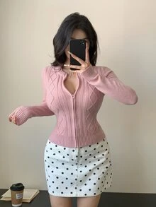 DAZY Women's Solid Color Zipper Casual Versatile Daily Wear Cardigan - Pink - View 7