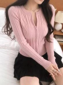 DAZY Women's Solid Color Zipper Casual Versatile Daily Wear Cardigan - Pink - View 1