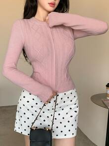 DAZY Women's Solid Color Zipper Casual Versatile Daily Wear Cardigan - Pink - View 3