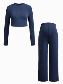 Modmama Maternity Solid Color Round Neck Long Sleeve T-Shirt And Adjustable Waist Long Pants Casual 2 Pieces Set Fall - Navy Blue - View 12