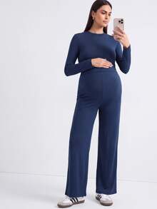 Modmama Maternity Solid Color Round Neck Long Sleeve T-Shirt And Adjustable Waist Long Pants Casual 2 Pieces Set Fall - Navy Blue - View 2