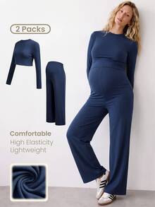 Modmama Maternity Solid Color Round Neck Long Sleeve T-Shirt And Adjustable Waist Long Pants Casual 2 Pieces Set Fall - Navy Blue - View 1