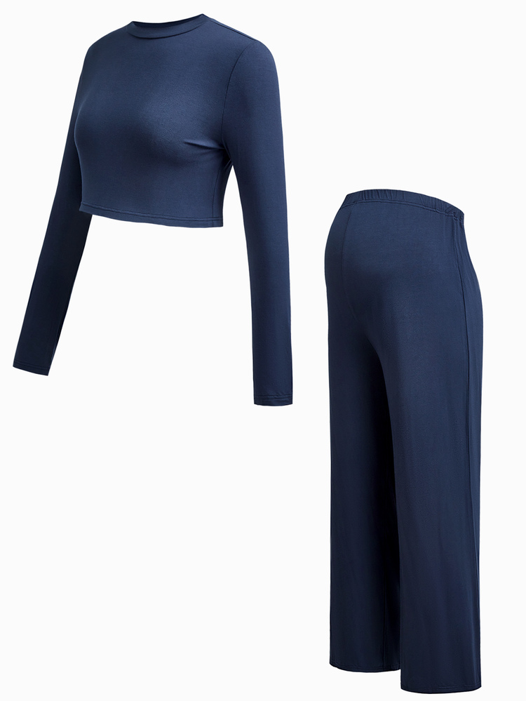 Modmama Maternity Solid Color Round Neck Long Sleeve T-Shirt And Adjustable Waist Long Pants Casual 2 Pieces Set Fall - Navy Blue - View 14
