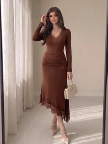 Modelyn 女款優雅修身蕾絲飾邊中長洋裝 晚餐禮服 深棕色 秋季 - 棕色 - 查看 3