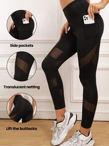 SHEIN Sports Women Sports Leggings Kontras Mesh Kantong Plain - Hitam - View 1