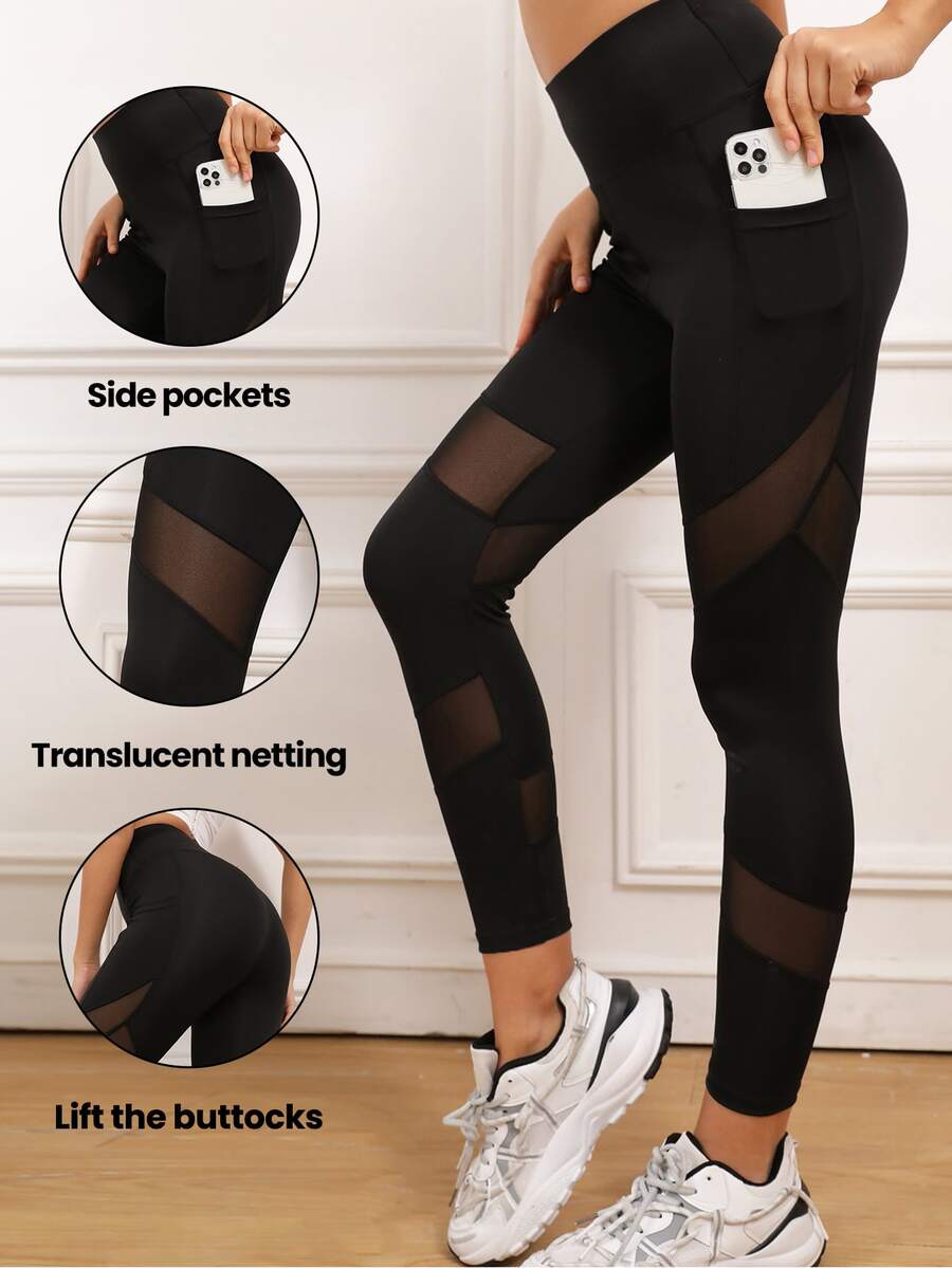 SHEIN Sports Women Sports Leggings Kontras Mesh Kantong Plain - Hitam - View 1