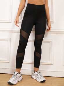 SHEIN Sports Women Sports Leggings Kontras Mesh Kantong Plain - Hitam - View 4
