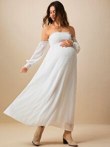 Boho Mama Maternity Off-Shoulder Ruched Casual Party Dress - White - View 6