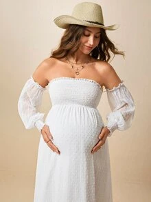 Boho Mama Maternity Off-Shoulder Ruched Casual Party Dress - White - View 8