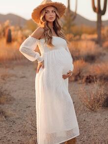 Boho Mama Maternity Off-Shoulder Ruched Casual Party Dress - White - View 2
