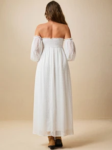 Boho Mama Maternity Off-Shoulder Ruched Casual Party Dress - White - View 4