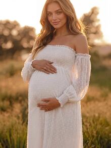 Boho Mama Maternity Off-Shoulder Ruched Casual Party Dress - White - View 3